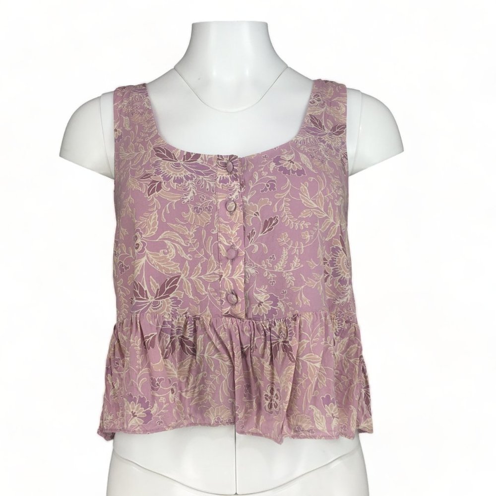 WAYF Crop Top Ruffle Bottom Button Front Tank Sleeveless Pink Floral Womens S